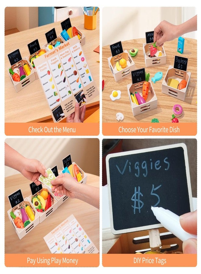 Inslat Food Groups - 20 Wooden Play Food Sets & 4 Crates & 4 Mini Blackboard & 15 Play Money, Pretend Toy Food Kitchen Accessories for Toddlers & Kids Ages 3+ - Image 4